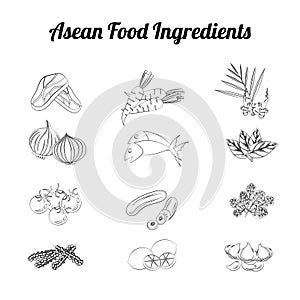 Asean food ingredients set bundle include vegetables and meat in gradient cartoon design