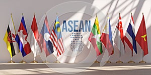 ASEAN meeting concept. ASEAN Association of Southeast Asian Nations member countries flags in a row