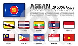 ASEAN and membership Association of Southeast Asian Nations . Shiny round angle rectangle button flag on white background with