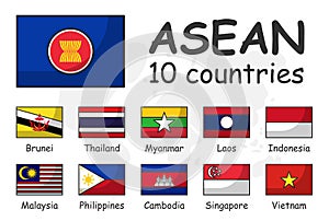 ASEAN and membership flag . Association of Southeast Asian Nations . Modern simple cartoon outline design and doodle world map