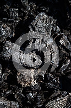 Ash of a burned-out fire. Background of burnt firewood.  Background with black burnt wood. Charcoal texture backdrop. Bonfire