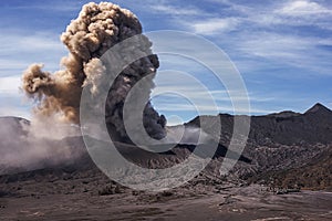 Ash coming from crater of active volcano Mt Bromo during eruption in January 2016