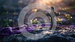 Ash Wednesday concept with a cross of ashes on a stone surface, purple cloth in the background, solemn and meditative