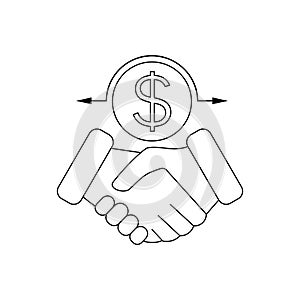 Ð¡ashback icon, return money, cash back rebate with handshake. Line and outline vector illustration, symbol on white background.