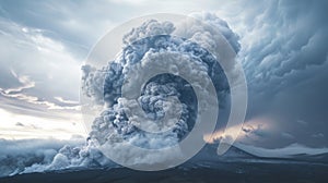 Ashen grey pyrocumulus clouds exploding into the sky above a volcanic eruption photo