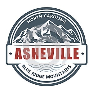 Asheville, North Carolina - mountain resort stamp, emblem with snow covered mountains