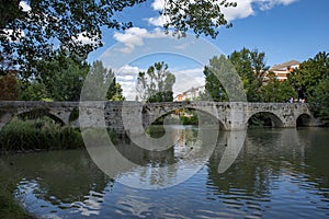 Ashlar stone medieval bridge in Palencia, Spain