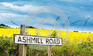 Ashmill Road sign in Dounce, Scotland with a blooming yellow rapeseed field with overcast sky