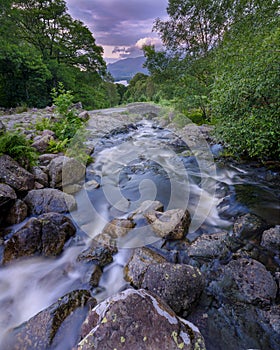 Ashness Bridge near Watendlath with streams from heavy August rains, Lake District National Park