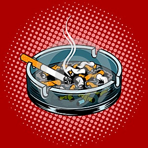 Ashtray with cigarette butts pop art style vector