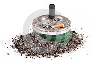Ashtrays, butts and ashes on a white background
