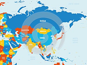 Asia - 4 bright color scheme. High detailed political map of asian continent with country, ocean and sea names labeling