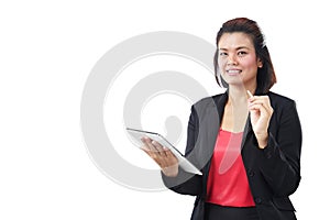 Asia beautiful modern businesswoman holding tablet and looking at camera, isolate