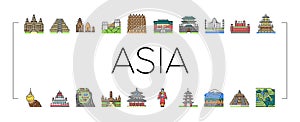 Asia Building And Land Scape Icons Set Vector photo