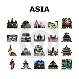 Asia Building And Land Scape Icons Set Vector photo