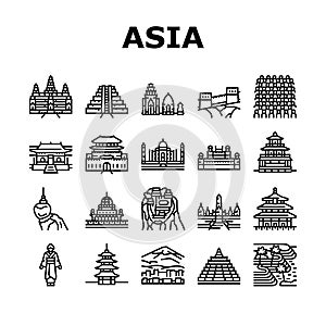 Asia Building And Land Scape Icons Set Vector photo