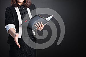 Asia Business woman handshake and blank wall for text and backgr