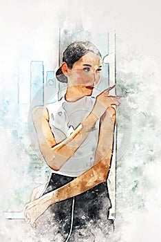 Asia business woman working in the offices on watercolor illustration painting background.