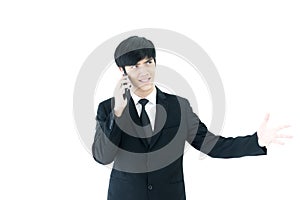 Asia businessman with black suit and black necktie has talking b