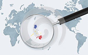 Asia centered world map with magnified glass on Philippines. Focus on map of Philippines on Pacific-centric World Map