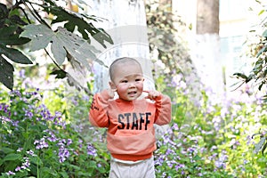 Asia Chinese little baby toddler boy child play outdoor in park forest sunny happy smile carefree flower meadow pick up leaves