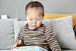 Asia Chinese little boy toddler child sit on couch read book at home early education learn knowledge cognition study comic picture