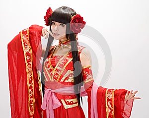 Asia Chinese style girl in red traditional dress dancer