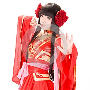 Asia Chinese style girl in red traditional dress dancer