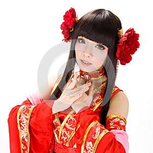 Asia Chinese style girl in red traditional dress dancer