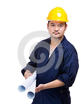 Asia construction worker with blue print