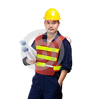 Asia construction worker with layout drawing