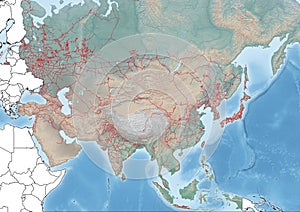 Asia continent Illustration with Railroads