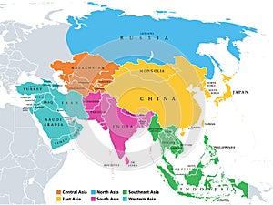 Asia, continent, main regions, political map with subregions photo