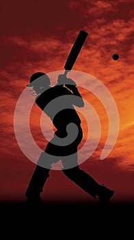 asia cricket player hitting a ball at sunset silhouette generative AI