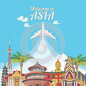 Asia detailed poster with airplane.