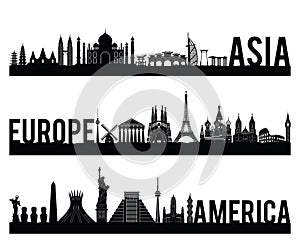 Asia Europe and America continent famous landmark silhouette style with black and white classic color design include by country