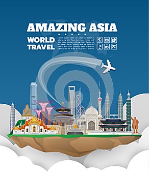 Asia famous Landmark paper art. Global Travel And Journey Infographic Bag. Vector Flat Design Template.vector/illustration.Can be