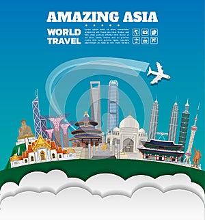 Asia famous Landmark paper art. Global Travel And Journey Infographic. Vector Flat Design Template.vector/illustration.Can be use