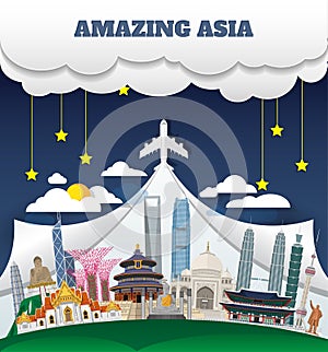 Asia famous Landmark paper art. Global Travel And Journey Infographic. Vector Flat Design Template.vector/illustration.Can be use