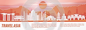 Asia famous landmark paper art with orange red color design