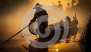 Asia fisherman net using on wooden boat casting net sunset or sunrise in the Mekong river - Silhouette fisherman boat