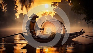 Asia fisherman net using on wooden boat casting net sunset or sunrise in the Mekong river - Silhouette fisherman boat