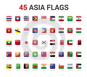 Asia flags of country. 45 flag rounded square icons Vector