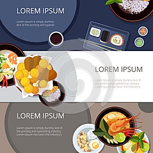 Asia food banners vector set. Thai food, japanese and chinese meal
