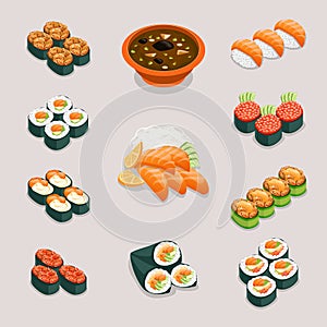 Asia food icons. Rolls sushi, miso soup