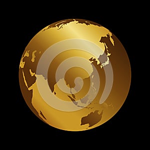 Asia golden 3d metal planet backdrop view . Russia, India and China world map vector illustration on black background