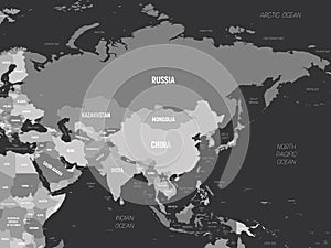 Asia - grey colored on dark background. High detailed political map of asian continent with country, capital, ocean and