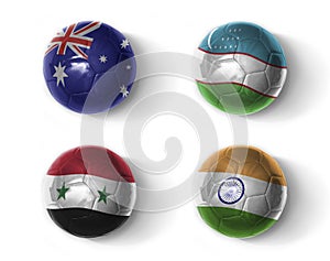 asia group B. realistic football balls with national flags of australia uzbekistan syria india ,soccer teams. on the white