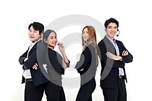 Asia Group of call center workers or Confident business team with headset standing on white background