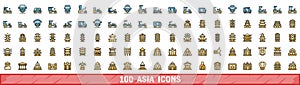 100 asia icons set, color line style photo